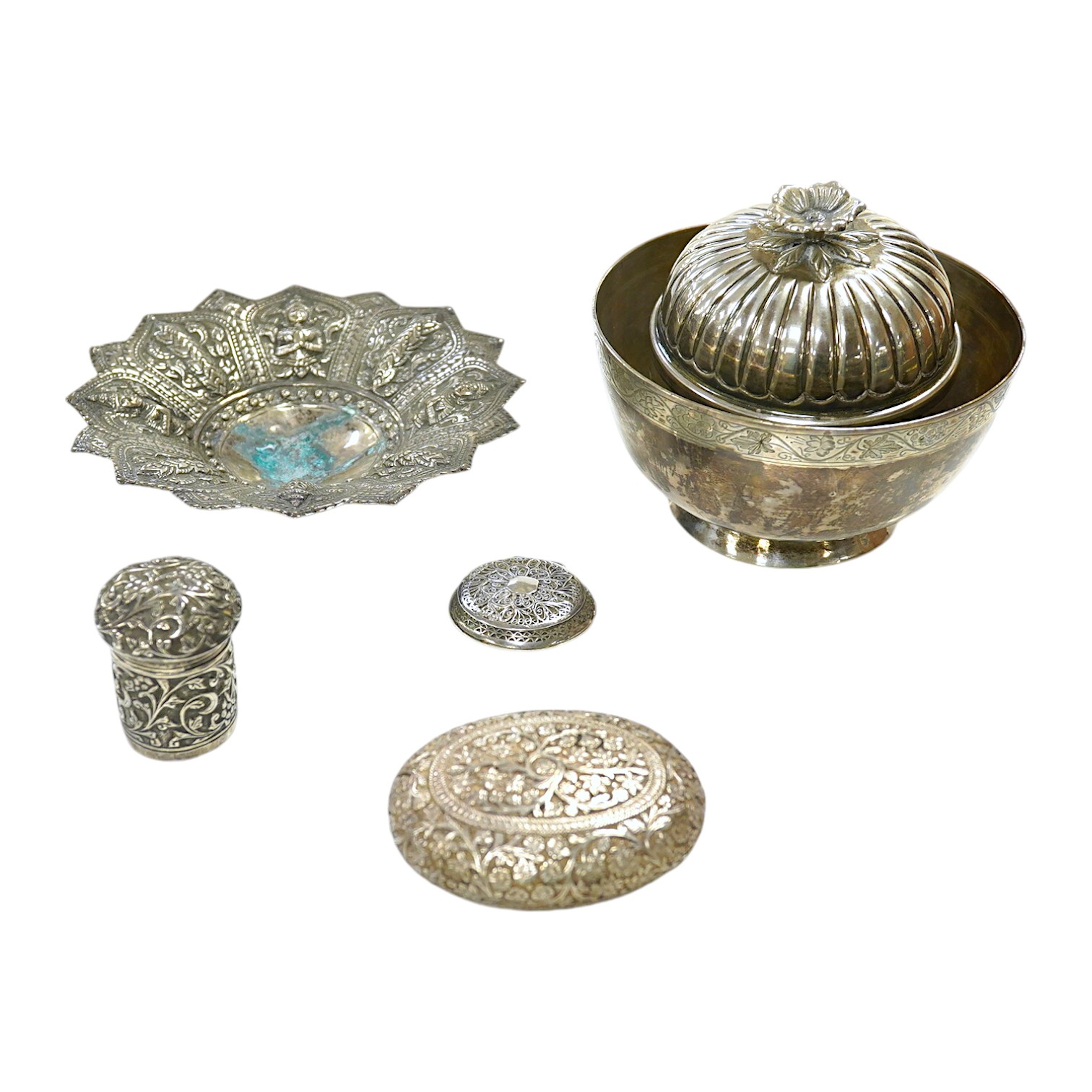 A group of assorted Indian and other foreign white metal wares including a tobacco box. Condition - fair to good.